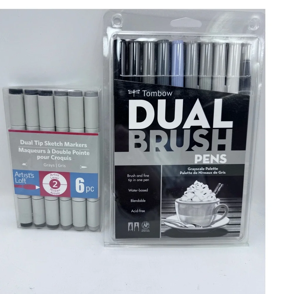 Tombow Dual Brush Pens Grayscale‎ 10pc & Artist's Loft Sketch Markers Bundle New